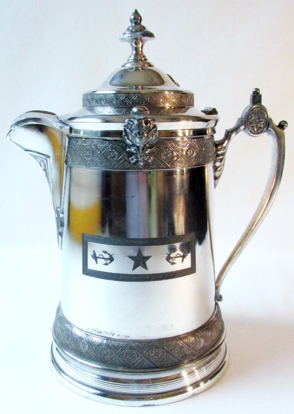 Antique 19th Century US Navy Officers Ice Water Decanter Silverplate Removable Ceramic Liner, side view