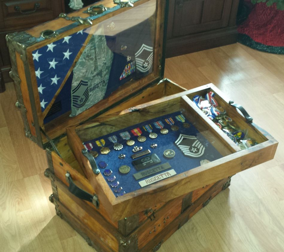 Chuck's Antique Trunk Used as Air Force Retirement ShadowBox and Storage Chest
