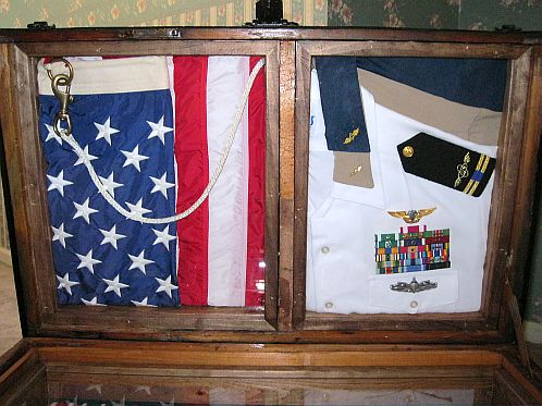 Antique Trunk Used as Military and Army Navy Retirement Shadow Box Idea For Him or For Her - Re-purposed Display Antique Trunk and Storage Chest