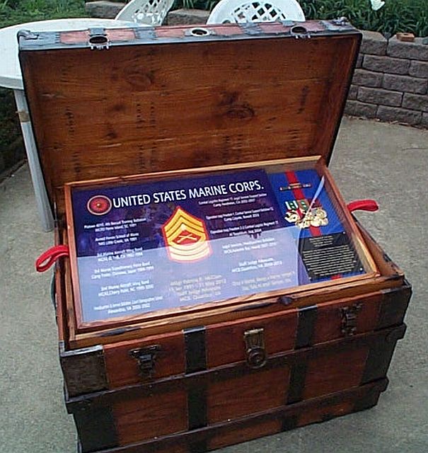 Antique Trunk Used as marine corps Military Retirement Shadow Box and Storage Chest