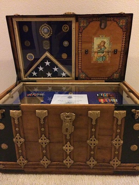 Shelly's Antique Trunk Used as Navy Retirement ShadowBox and Storage Chest