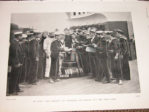 british royal navy serving grog or rum during Boer War of 1899 - Note rum cask on the deck!
