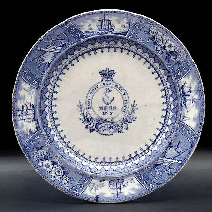 british royal navy plate depicting various naval scenes and crown,anchor,motto center