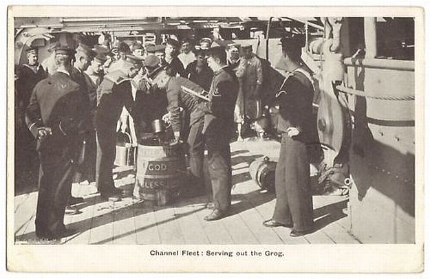 british royal navy serving grog or rum channel fleet circa 1907 - Note rum cask on the deck!