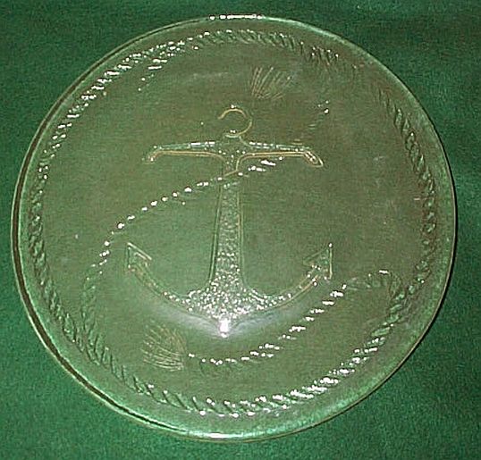large clear glass serving plate or dish with fouled anchor motif