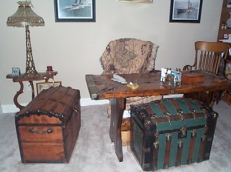 nautical home office with liberty ship wooden hatch cover desk and pirate treasure chest