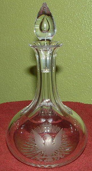lead crystal liqueur decanter with golden eagle and USN etching