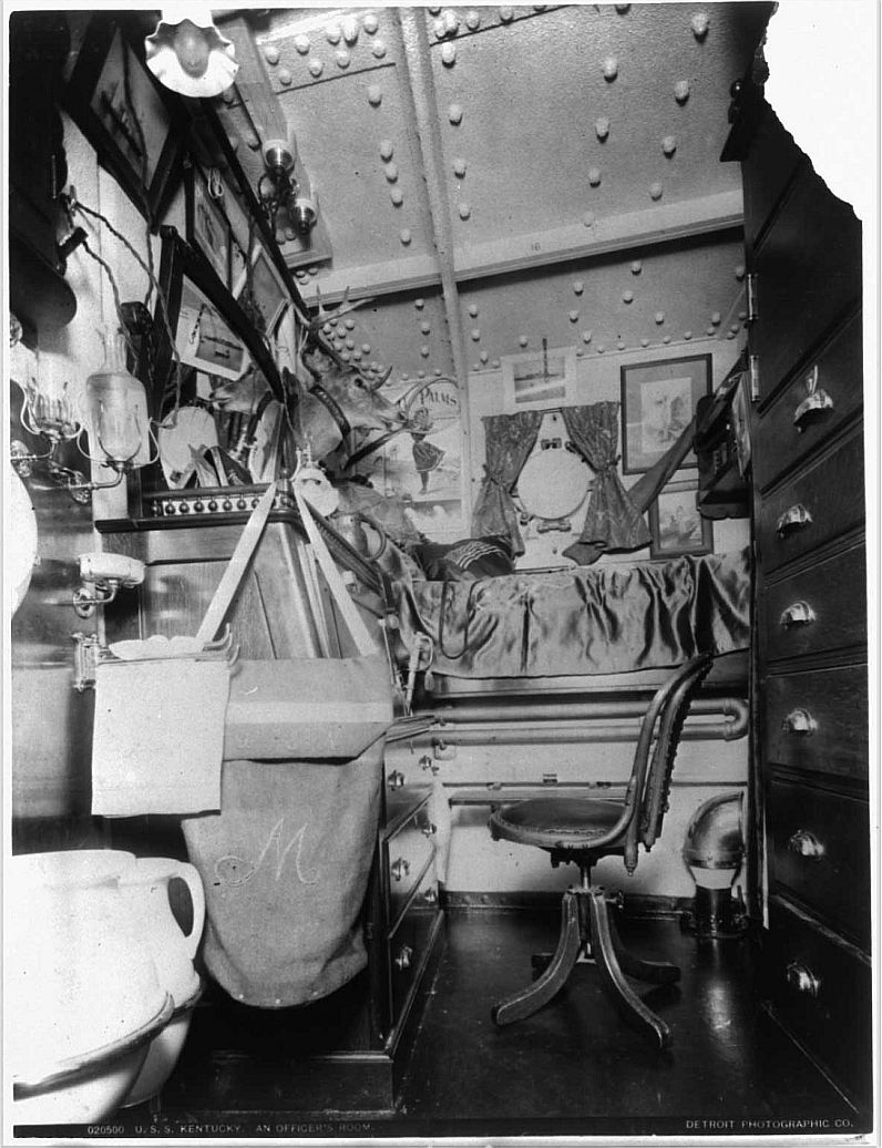 Officers berth aboard the USS Kentucky - note water pitcher, slop jar, soap dishes to the left