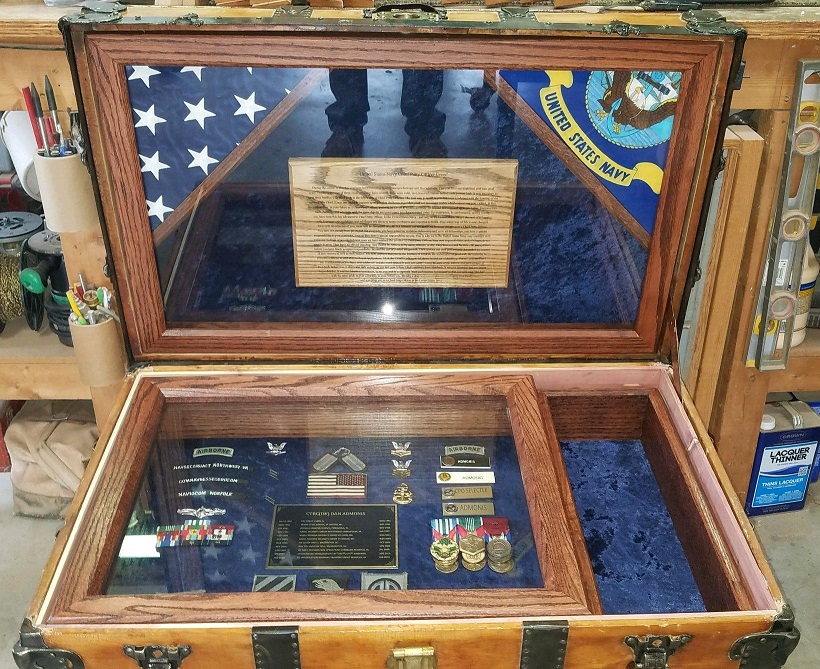 Antique Trunk #835 Used as Navy Retirement Shadow Box Idea for a Navy Chief