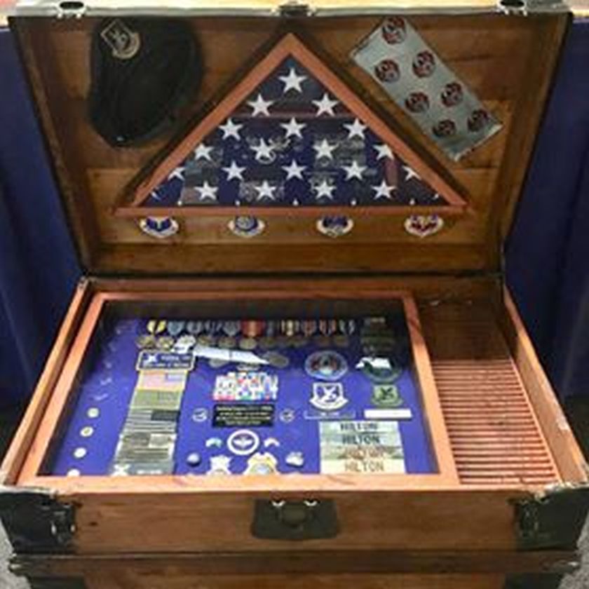Antique Trunk Navy Retirement Gift Shadow Box Idea with Challenge Coin