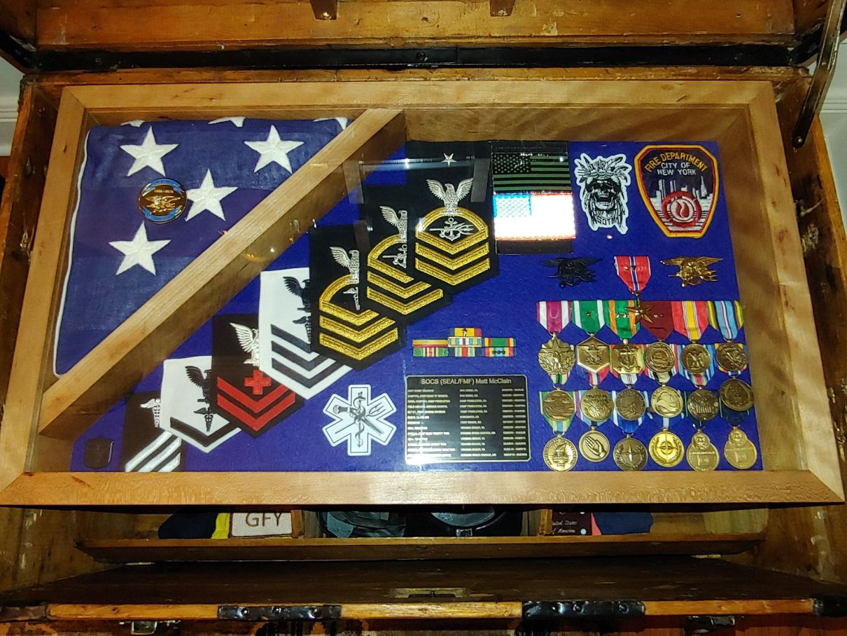 Antique Trunk Used as Navy Army Air Force or Marine Corps Retirement Shadow Box Idea for a Navy Chief