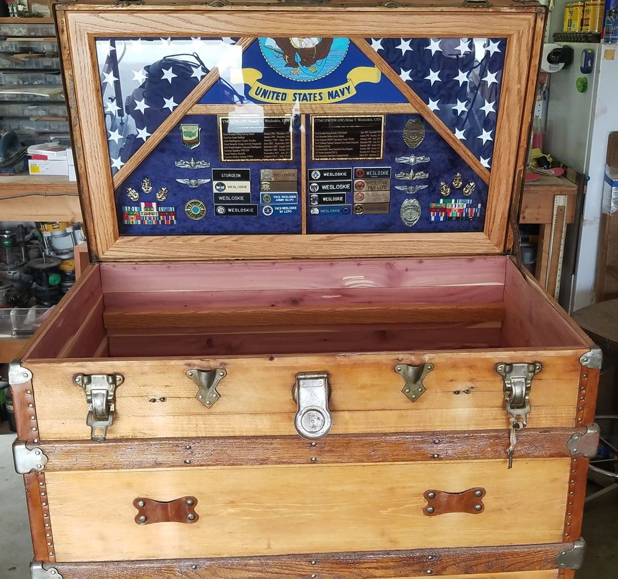 Antique Trunk #820 Used as Navy Retirement Shadow Box Idea for a Navy Chief