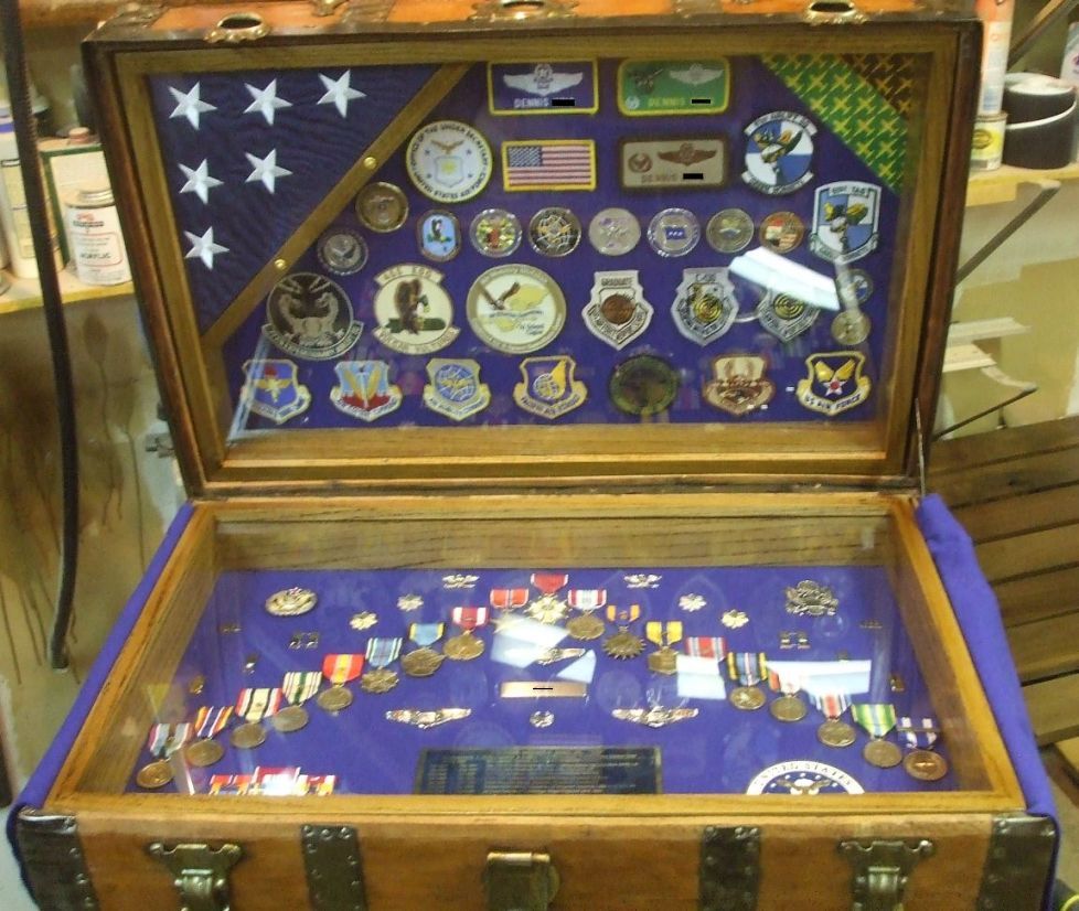 Antique Trunk Used as USAF US Air Force Retirement Shadow Box and Storage Chest